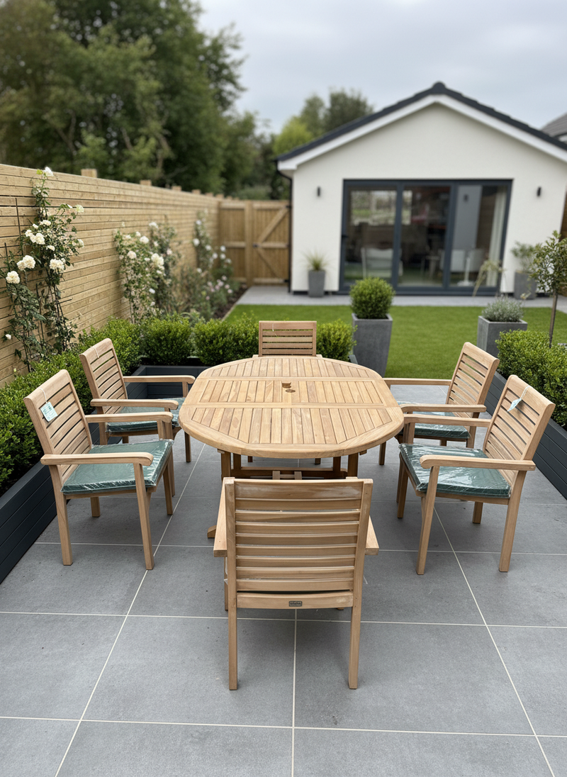 Teak Deluxe Garden Furniture Set 120cm - 170cm Oval Dining Table 4cm Single Leaf Thick & 6 New Haven Stacking Chairs With Cushions