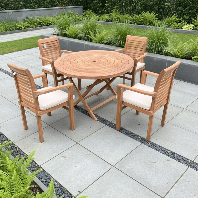 Teak Ripple Dining Set Foldable Table & Four Enclave Stacking Chairs
