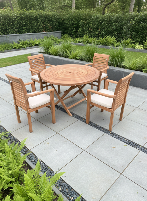 Teak Ripple Dining Set Foldable Table & Four Enclave Stacking Chairs