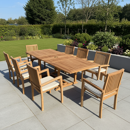Teak Garden Furniture Set 180cm - 240cm Rectangle Dining table & 8 Chairs with Cushions!