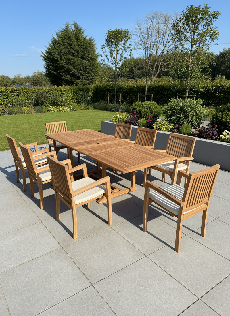 Teak Garden Furniture Set 180cm - 240cm Rectangle Dining table & 8 Chairs with Cushions!