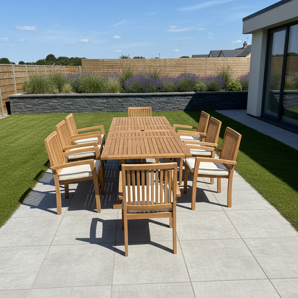 Teak Garden Furniture Set 180cm - 240cm Rectangle Dining table & 8 Chairs with Cushions!