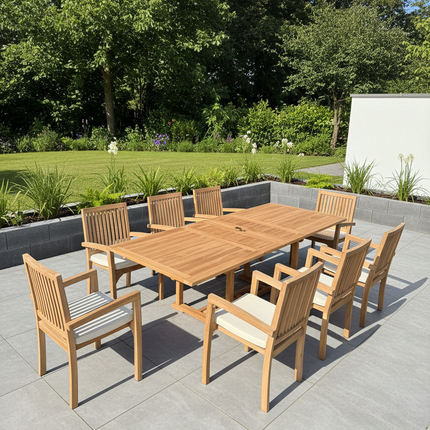 Teak Garden Furniture Set 180cm - 240cm Rectangle Dining table & 8 Chairs with Cushions!
