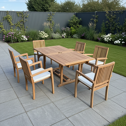 Teak Garden Furniture Set 180cm - 240cm Rectangle Dining table & 6 Chairs with Cushions!