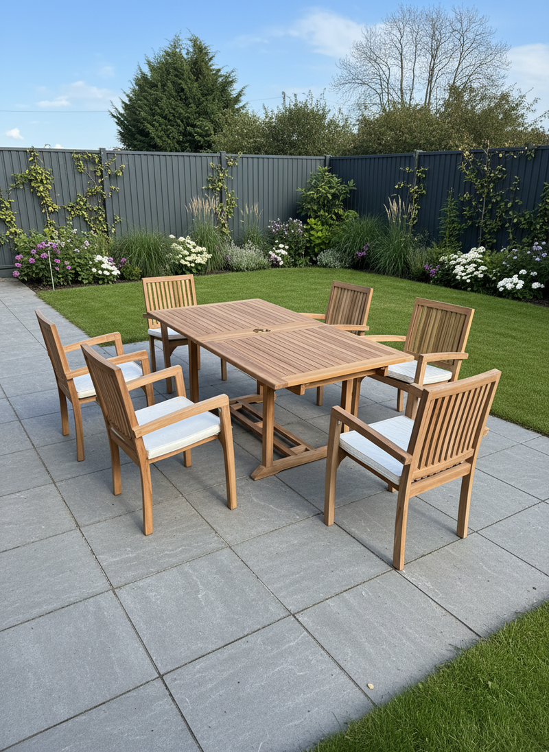 Teak Garden Furniture Set 180cm - 240cm Rectangle Dining table & 6 Chairs with Cushions!