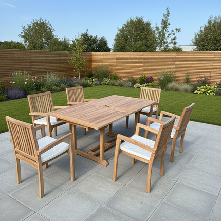 Teak Garden Furniture Set 180cm - 240cm Rectangle Dining table & 6 Chairs with Cushions!