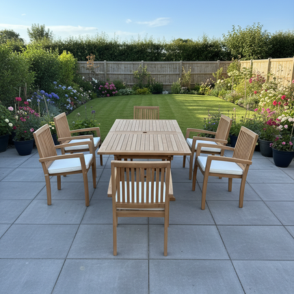 Teak Garden Furniture Set 180cm - 240cm Rectangle Dining table & 6 Chairs with Cushions!