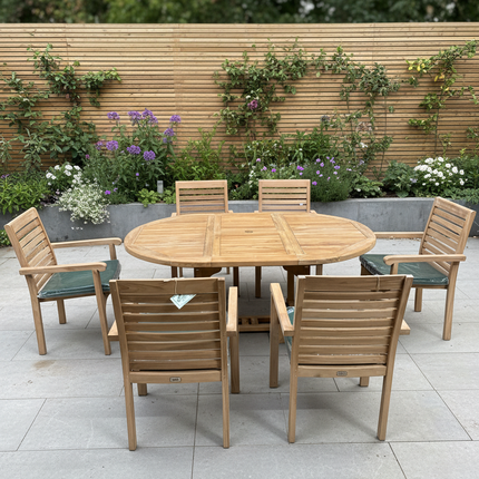 Teak Deluxe Garden Furniture Set 120cm - 170cm Oval Dining Table 4cm Single Leaf Thick & 6 New Haven Stacking Chairs With Cushions
