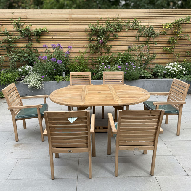 Teak Deluxe Garden Furniture Set 120cm - 170cm Oval Dining Table 4cm Single Leaf Thick & 6 New Haven Stacking Chairs With Cushions