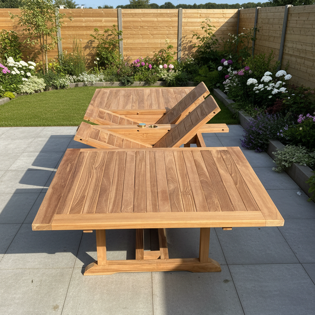 Teak Garden Furniture Set 180cm - 240cm Rectangle Dining table & 6 Chairs with Cushions!