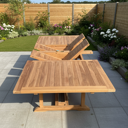 Teak Garden Furniture Set 180cm - 240cm Rectangle Dining table & 4 New Haven Stacking Chairs with Cushions!