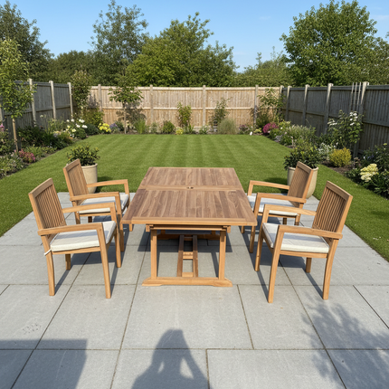 Teak Garden Furniture Set 180cm - 240cm Rectangle Dining table & 4 Elysian Stacking Chairs with Cushions!
