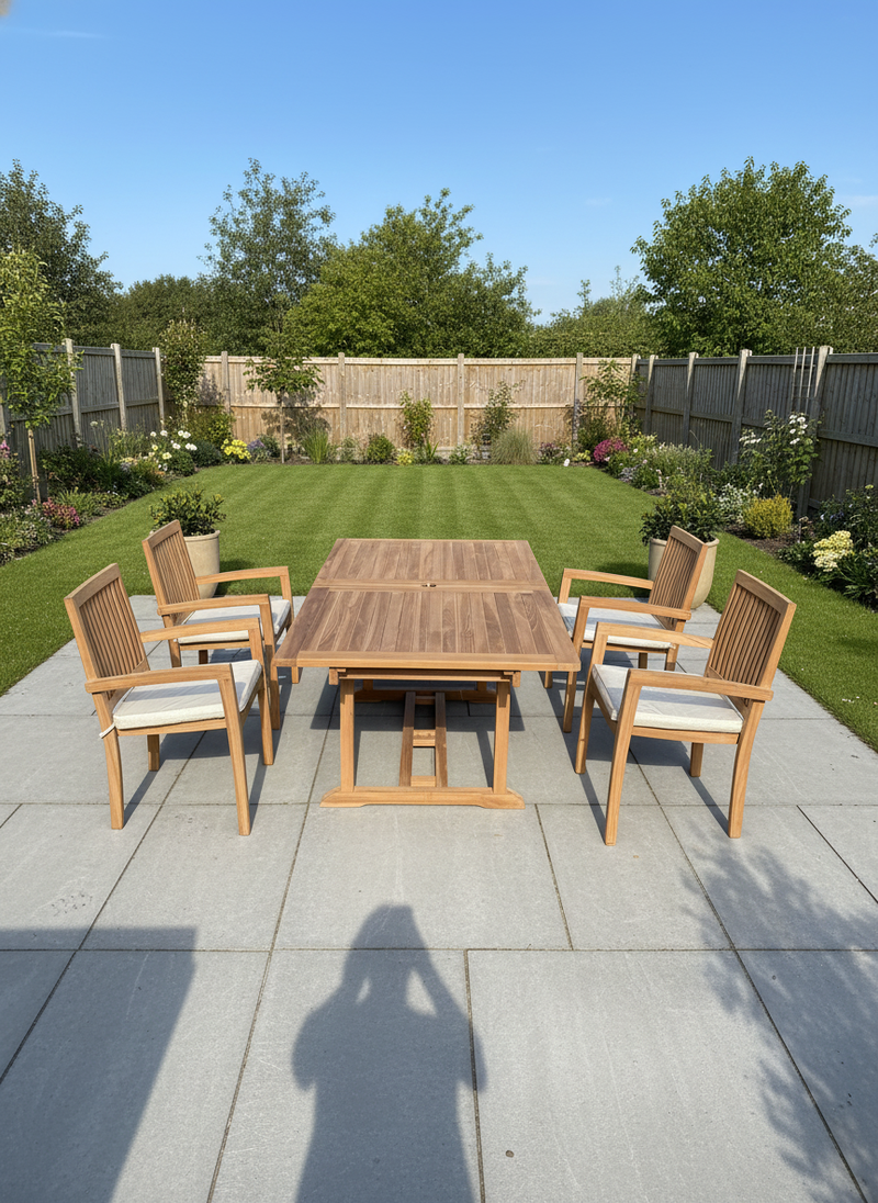 Teak Garden Furniture Set 180cm - 240cm Rectangle Dining table & 4 Elysian Stacking Chairs with Cushions!