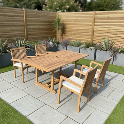 Teak Garden Furniture Set 180cm - 240cm Rectangle Dining table & 4 Elysian Stacking Chairs with Cushions!