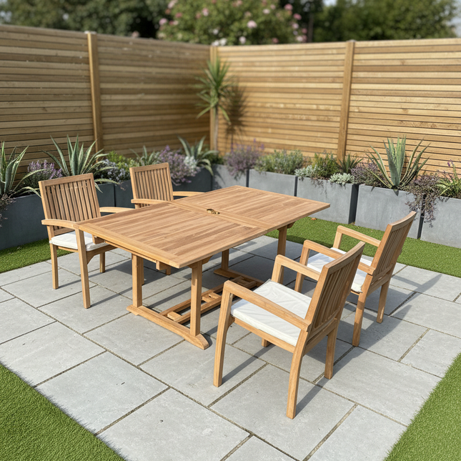 Teak Garden Furniture Set 180cm - 240cm Rectangle Dining table & 4 Elysian Stacking Chairs with Cushions!