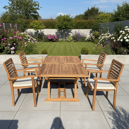 Teak Garden Furniture Set 180cm - 240cm Rectangle Dining table & 4 New Haven Stacking Chairs with Cushions!