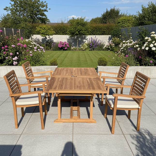 Teak Garden Furniture Set 180cm - 240cm Rectangle Dining table & 4 New Haven Stacking Chairs with Cushions!