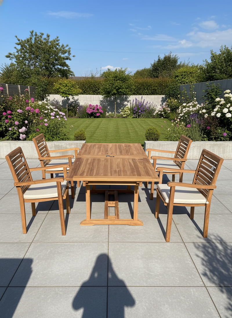 Teak Garden Furniture Set 180cm - 240cm Rectangle Dining table & 4 New Haven Stacking Chairs with Cushions!