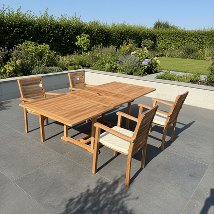 Teak Garden Furniture Set 180cm - 240cm Rectangle Dining table & 4 New Haven Stacking Chairs with Cushions!
