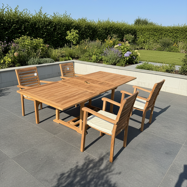 Teak Garden Furniture Set 180cm - 240cm Rectangle Dining table & 4 New Haven Stacking Chairs with Cushions!