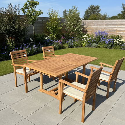 Teak Garden Furniture Set 180cm - 240cm Rectangle Dining table & 4 New Haven Stacking Chairs with Cushions!