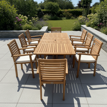 Teak Garden Furniture Set 180cm - 240cm Rectangle Dining table & 8 New Haven Stacking Chairs with Cushions!