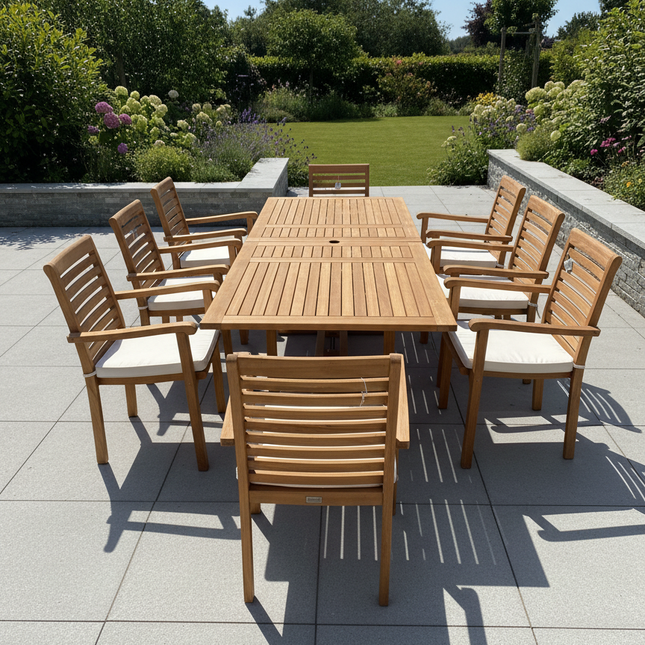 Teak Garden Furniture Set 180cm - 240cm Rectangle Dining table & 8 New Haven Stacking Chairs with Cushions!