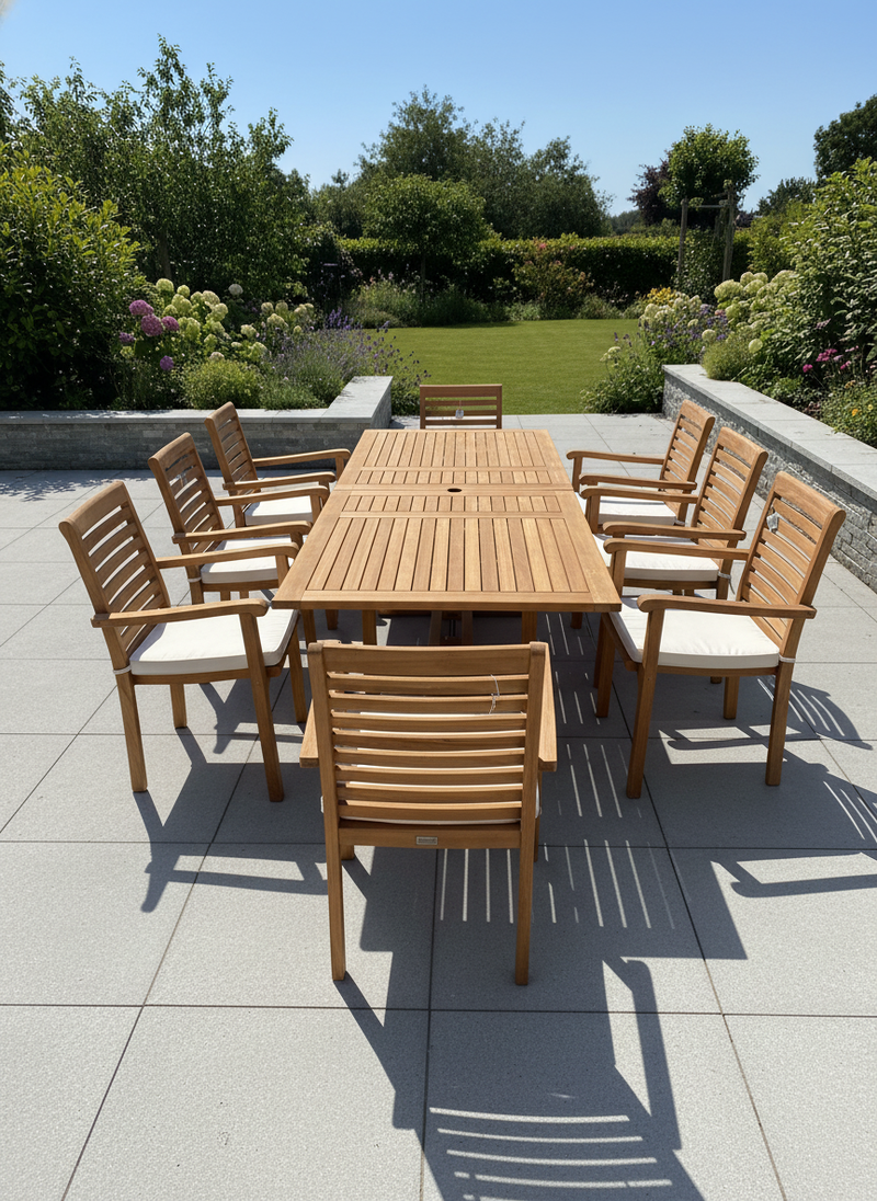 Teak Garden Furniture Set 180cm - 240cm Rectangle Dining table & 8 New Haven Stacking Chairs with Cushions!
