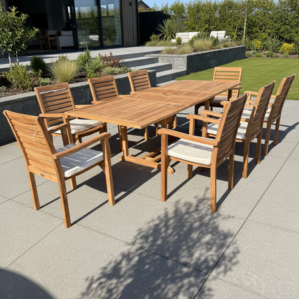 Teak Garden Furniture Set 180cm - 240cm Rectangle Dining table & 8 New Haven Stacking Chairs with Cushions!