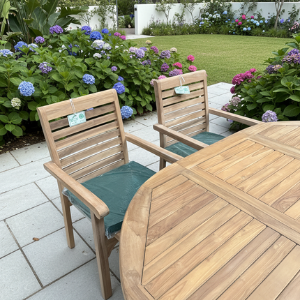 Teak Deluxe Garden Furniture Set 120cm - 170cm Oval Dining Table 4cm Single Leaf Thick & 6 New Haven Stacking Chairs With Cushions