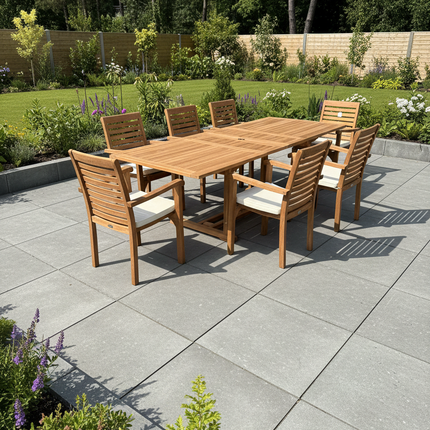 Teak Garden Furniture Set 180cm - 240cm Rectangle Dining table & 8 New Haven Stacking Chairs with Cushions!