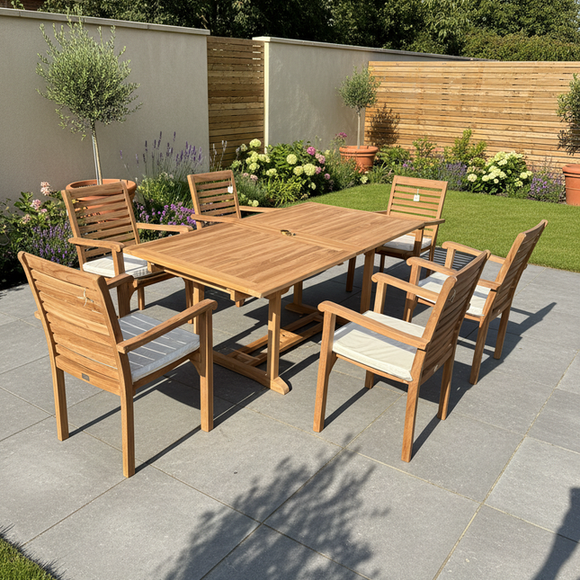 Teak Garden Furniture Set 180cm - 240cm Rectangle Dining table & 6 New Haven Chairs with Cushions!