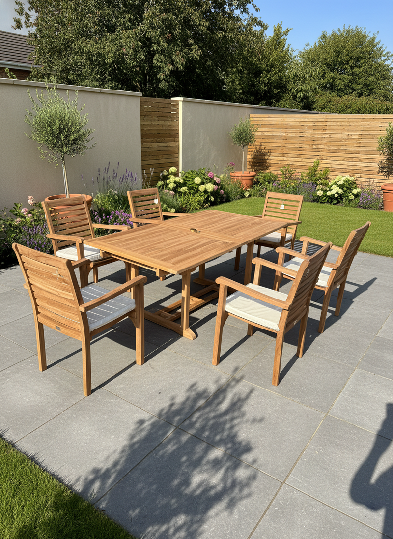 Teak Garden Furniture Set 180cm - 240cm Rectangle Dining table & 6 New Haven Chairs with Cushions!