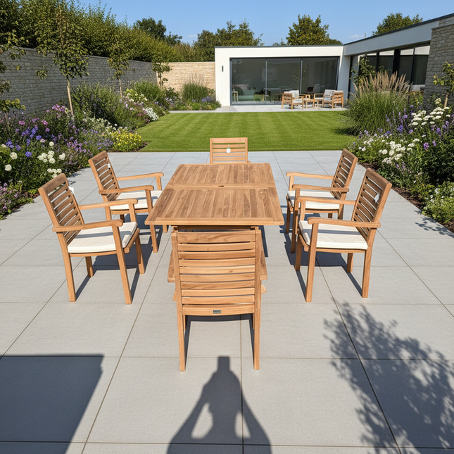 Teak Garden Furniture Set 180cm - 240cm Rectangle Dining table & 6 New Haven Chairs with Cushions!