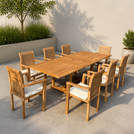 Teak Garden Furniture Set 180cm - 240cm Rectangle Dining table & 8 Chairs with Cushions!