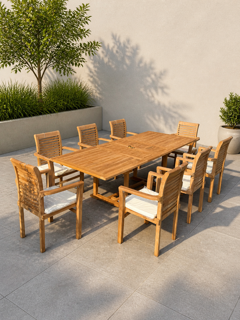 Teak Garden Furniture Set 180cm - 240cm Rectangle Dining table & 8 Chairs with Cushions!