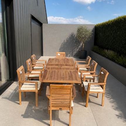 Teak Garden Furniture Set 180cm - 240cm Rectangle Dining table & 8 Chairs with Cushions!