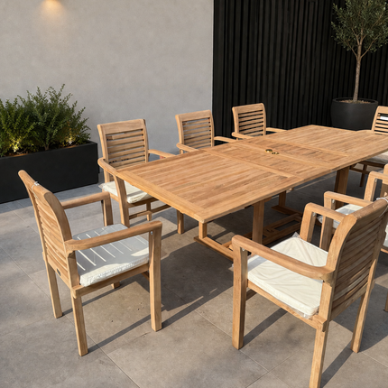 Teak Garden Furniture Set 180cm - 240cm Rectangle Dining table & 8 Chairs with Cushions!