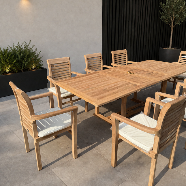 Teak Garden Furniture Set 180cm - 240cm Rectangle Dining table & 8 Chairs with Cushions!