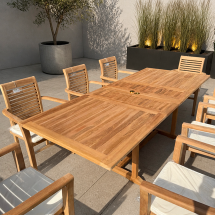 Teak Garden Furniture Set 180cm - 240cm Rectangle Dining table & 8 Chairs with Cushions!