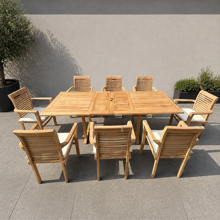 Teak Garden Furniture Set 180cm - 240cm Rectangle Dining table & 8 Chairs with Cushions!