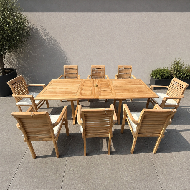 Teak Garden Furniture Set 180cm - 240cm Rectangle Dining table & 8 Chairs with Cushions!