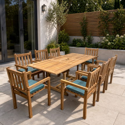 Teak Garden Furniture Set 150cm - 200cm Rectangle Dining table & 8 Chairs with Cushions!