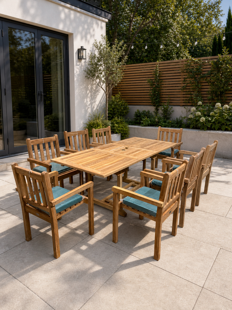 Teak Garden Furniture Set 150cm - 200cm Rectangle Dining table & 8 Chairs with Cushions!