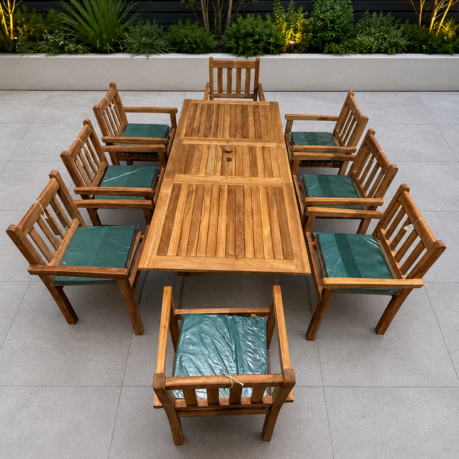 Teak Garden Furniture Set 150cm - 200cm Rectangle Dining table & 8 Chairs with Cushions!