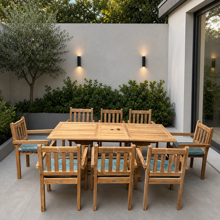 Teak Garden Furniture Set 150cm - 200cm Rectangle Dining table & 8 Chairs with Cushions!