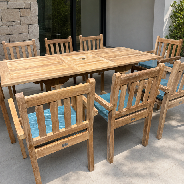 Teak Garden Furniture Set 150cm - 200cm Rectangle Dining table & 8 Chairs with Cushions!