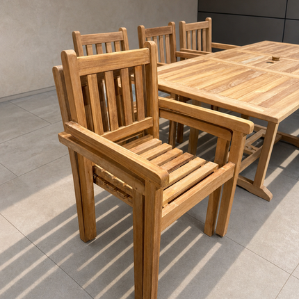 Teak Garden Furniture Set 150cm - 200cm Rectangle Dining table & 4 Chairs with Cushions!