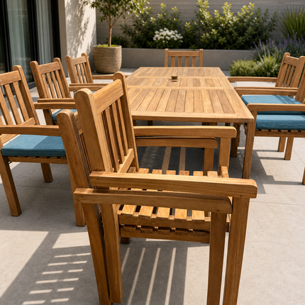Teak Garden Furniture Set 150cm - 200cm Rectangle Dining table & 4 Chairs with Cushions!
