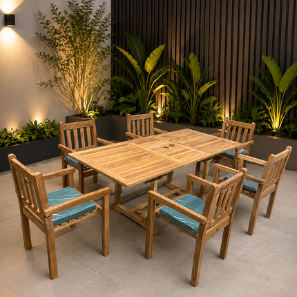Teak Garden Furniture Set 150cm - 200cm Rectangle Dining table & 8 Chairs with Cushions!